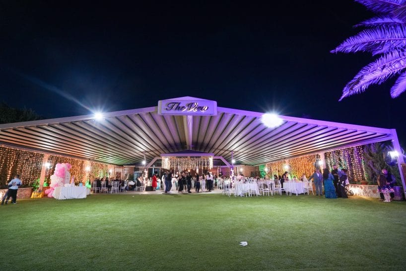 Luxury party venue with purple lighting in Athens